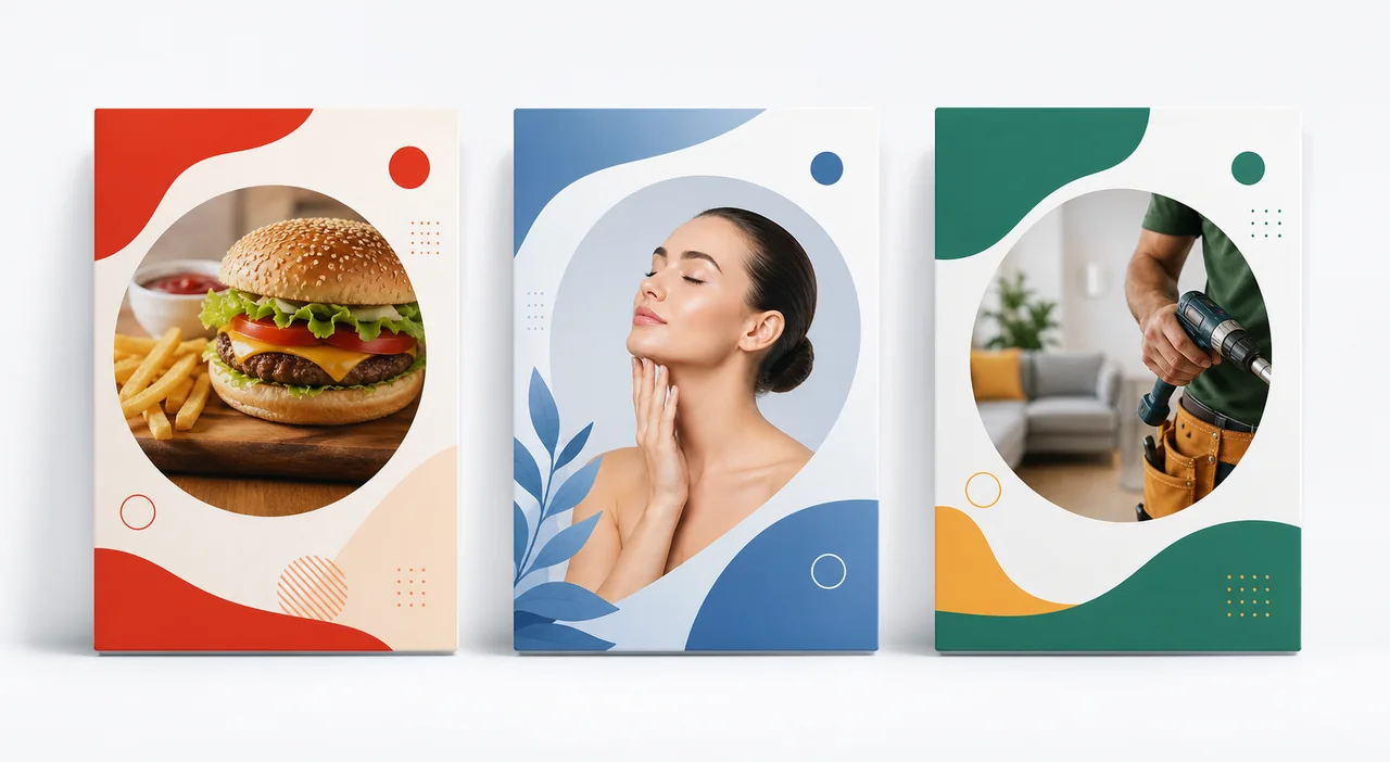 Exemplos visuais de panfletos e flyers gerados para diferentes tipos de negócio